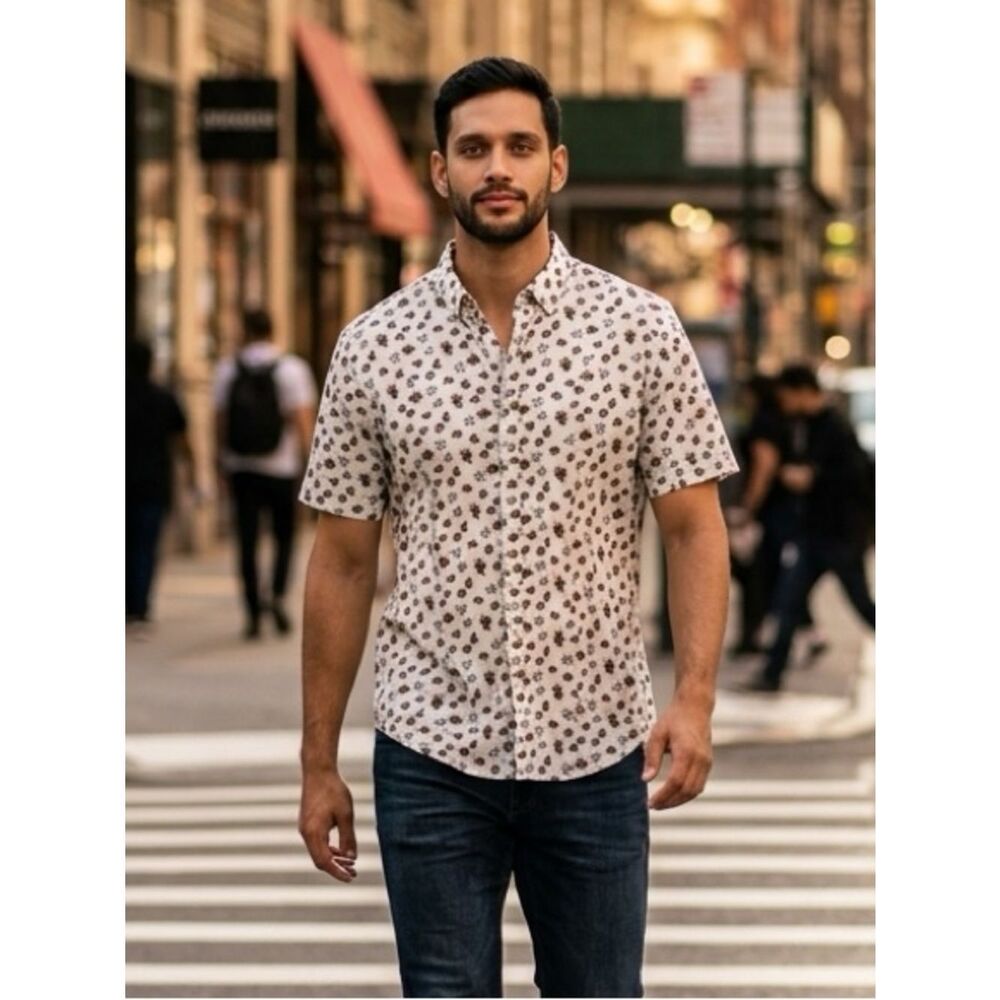 NWT Stitch Note Men's White Woven Button Down Cotton Print Shirt Short Sleeve 2X